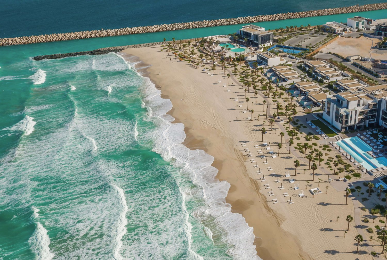 Ariel shot of Nikki Beach showcasing the resort, beach and sea