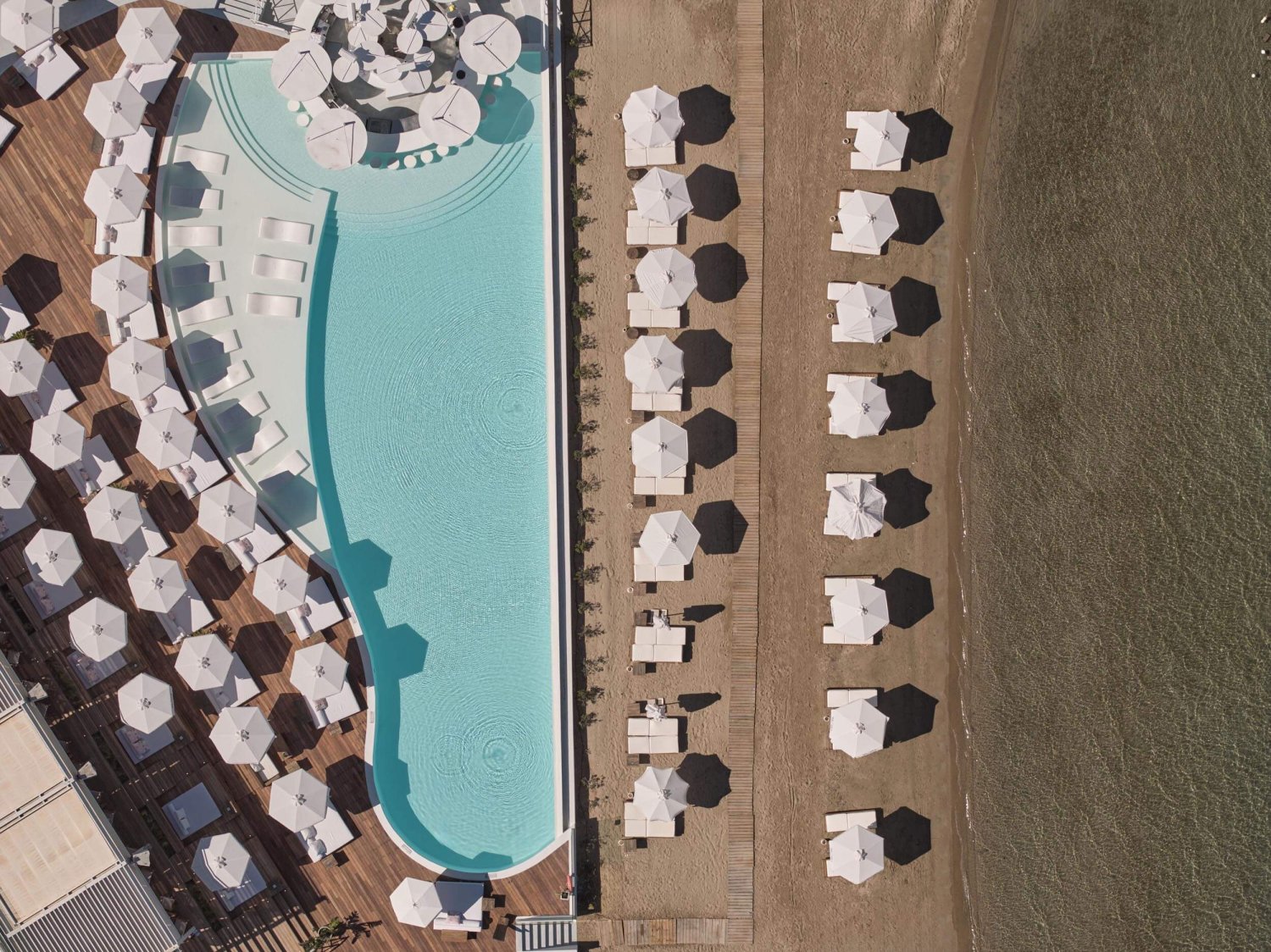 Ariel shot of sun beds around the pool as well as on the beach next to the sea