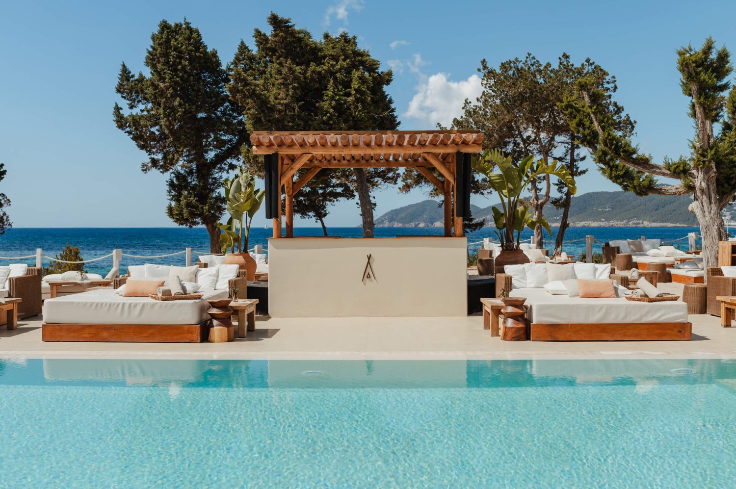 Empty DJ booth poolside in Ibiza